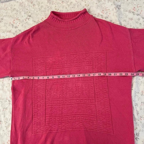 Vintage 80s Hot Pink Heart Sweater Cotton Knit Oversized Made in USA Mock Neck - Picture 6 of 8